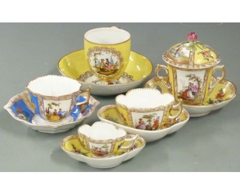 Dresden chocolate pot, cover and saucer, Dresden cups and saucers decorated with Watteau scenes and a Meissen saucer with Vol