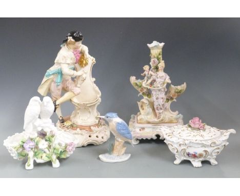 Continental figures including a figural candlestick, Naples bow pot, figural bird salt etc, tallest 39cm&nbsp;