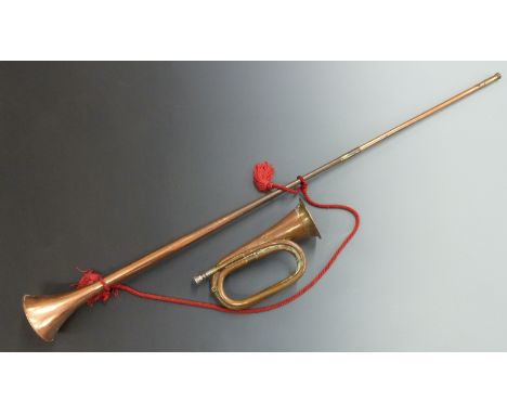Copper and brass bugle with silvered mouthpiece together with a copper and brass coaching horn&nbsp;