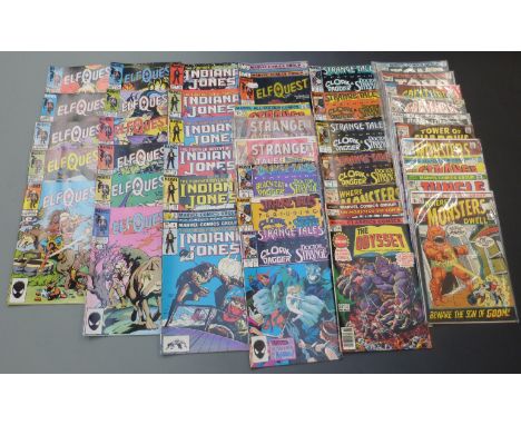 Sixty-one Marvel comics comprising Elf Quest 3, 4, 6, 9, 12, 14, and 16-21, Indiana Jones 4-6, 8, 10, 12, 13, 15 and 18, Stra