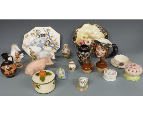 A collection of ceramics including a Minton Aesthetic period octagonal plate, Goebel Hummel figures, Goss cup and saucer, Bes