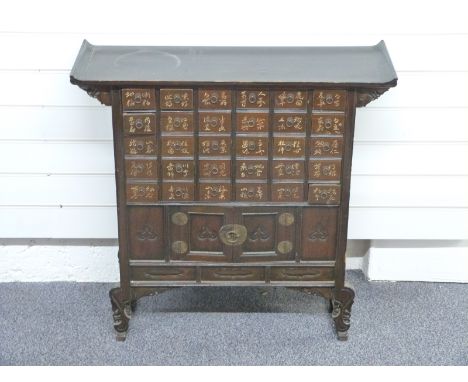 Chinese/Korean chest of thirty drawers over a two door cabinet, W77 x D25 x H77cm