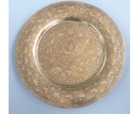 Indian zodiac plate with engraved and black enamel decoration, 30cm diameter