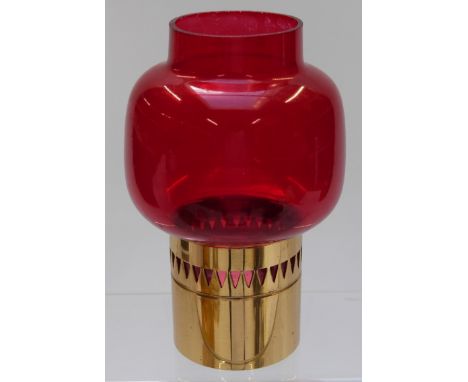 Hans-Agne Jakobsson Swedish oil lamp L63L with pierced brass base and red glass shade, Hans-Agne Jakobsson label to interior 