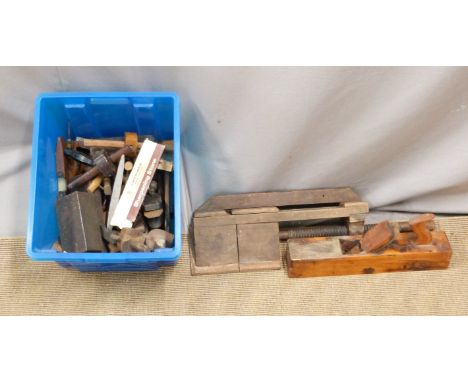 Collection of woodworking tools including rosewood scribe, clamps, planes etc