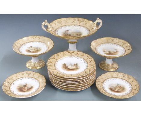 English porcelain dessert service, probably Spode / Coalport, decorated with landscape scenes, approximately 14 pieces