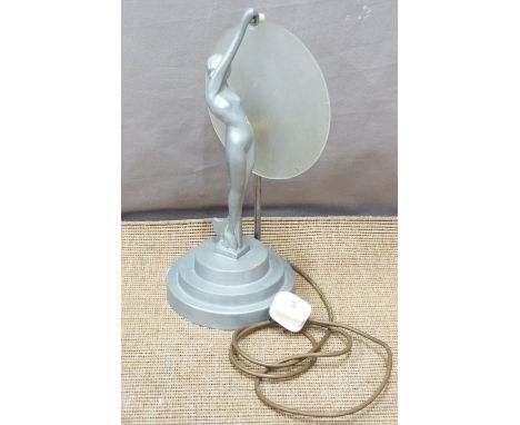Art Deco figural lamp formed as a lady holding a glass disc, height 41cm