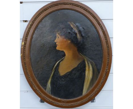 Late 19th/20thC oval oil on board portrait of a lady with scarf and headband, 49 x 40cm&nbsp;