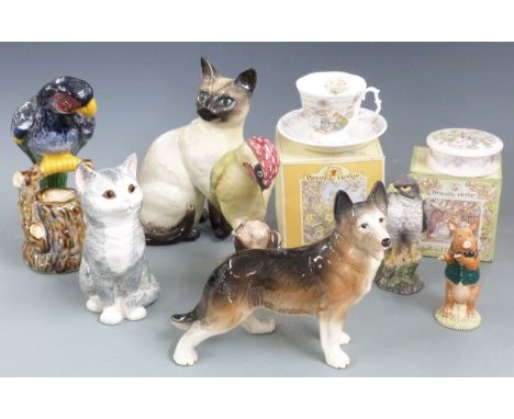 Beswick Woodpecker in matt, Siamese cat model 1882, boxed Royal Doulton Brambly Hedge, further animal and bird figures, talle