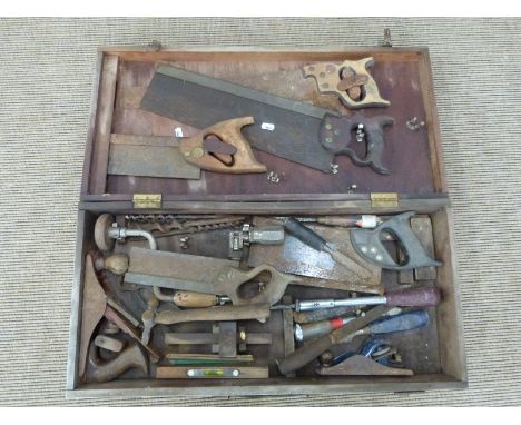 A collection of woodworking tools including S J plane, spanners, power tools etc