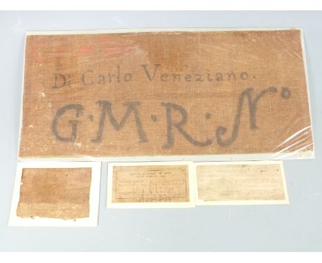 Canvas backing from a painting thought to be by early-baroque painter Carlo Saraceni (1579-1620) inscribed 'C.I.N.151. Di Car