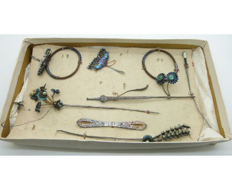 A collection of 19thC Chinese white metal jewellery including hat pins, bangle, hair pins, hair ornaments, with raised enamel