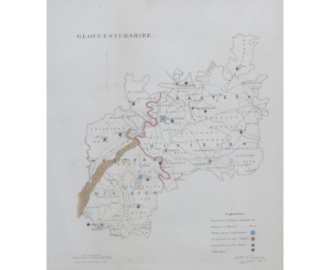 1832 Map of Gloucestershire by Robt. K. Dawson, with report on proposed division of Gloucester to the reverse, 27 x 25cm, fra