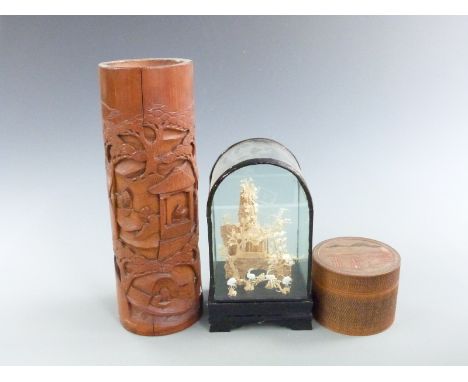 Chinese carved bamboo brush pot, cork model in case and a container of coasters, tallest 31cm&nbsp;