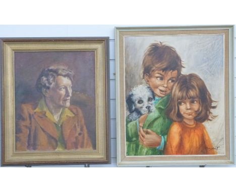 Retro/kitsch acrylic of two children with a pet dog, indistinctly signed Majda K and dated Paris 1968 verso, 60 x 49cm, toget