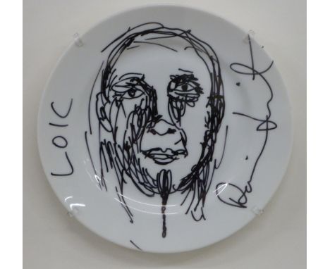 Damien Hirst (b1965) permanent marker on ceramic plate portrait of Loic Bonbonny, who worked for Hirst as a chef and studio a