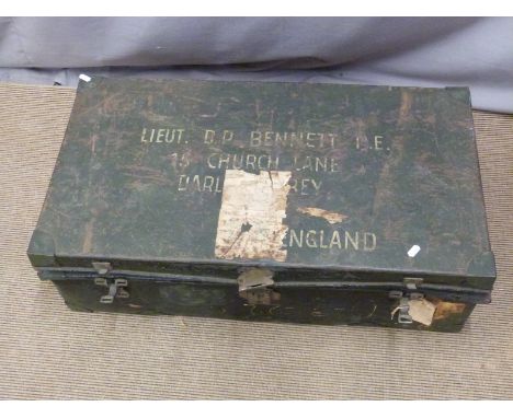 A twin handled military metal trunk and three vintage leather suitcases, one khaki covered, kit bags, water bottle etc, the t