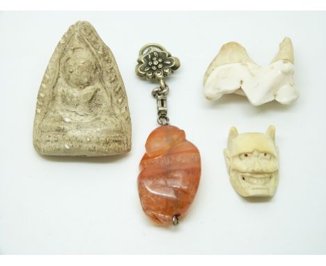 Chinese agate carving of a monkey, an ivory netsuke of a man/devil and a stone carving of Guanyin&nbsp;