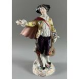 Porzellan Figur Musikant mit Laute, unidentifizierte blaue Radmarke mit Krone