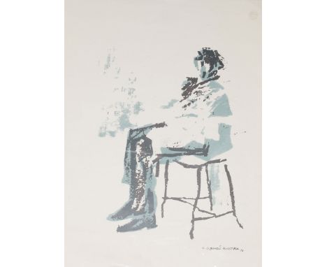 Ahmed Moustafa (born 1943), Seated man, coloured lithograph, signed, dated 74 and numbered 4/6 in pen to lower right, 50 x 38