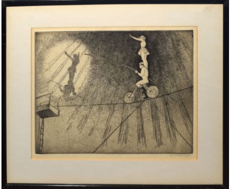 •AR Dame Laura Knight (1877-1970), "Tightrope Act", black and white etching, signed in pencil to lower right margin, 25 x 30c