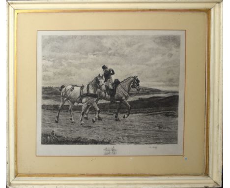 After Meissonier, engraved by A Mongiy, Figure with two horses, black and white etching, published by A Salmon, signed in pen