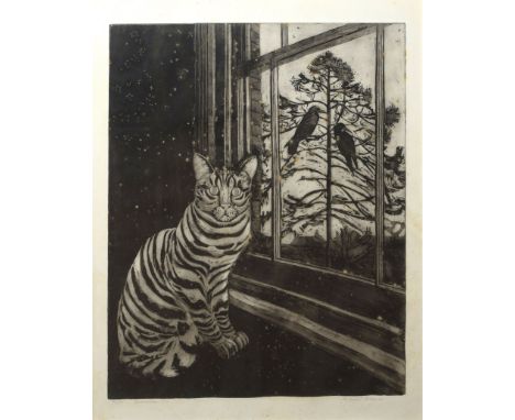 Richard Bawden (born 1936), "Bird watcher I", black and white etching, signed, numbered 46/75 and inscribed with title in pen