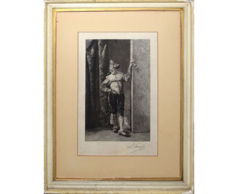 After Meissenier, Pierrot with flower, black and white etching, published 1890 and signed in pencil to margin by the engraver