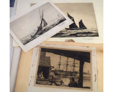 J E Hodgson (20th century) "A Three-decker at his last mooring", black and white etching, 15 x 21cm, together with two furthe