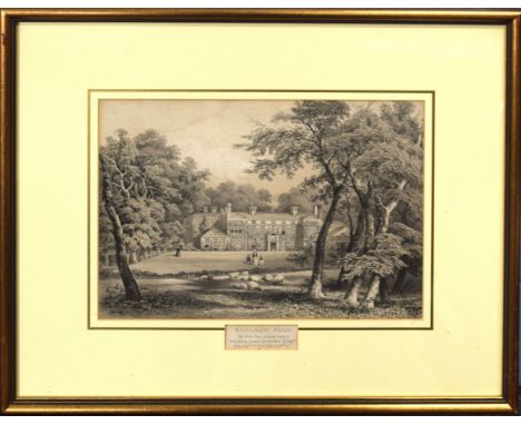 19th century black and white lithograph, "Earlham Hall - the birthplace and only home of Joseph John Gurney Esq", 24 x 34cm