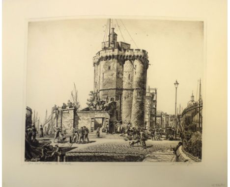 William Washington, RBA, ARCA, ARE (1885-1956), "Tour St Nicolas, La Rochelle", black and white etching, signed and inscribed