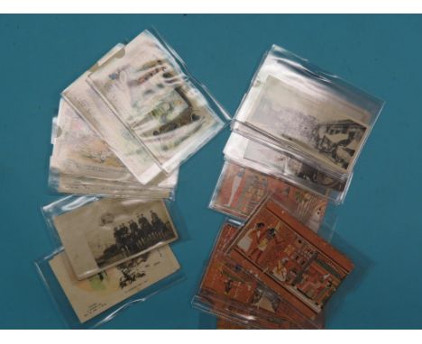 WWI postcards, fifteen "On Active Service", largely circa 1918-19, together with a related trenches biscuit, similary inscrib