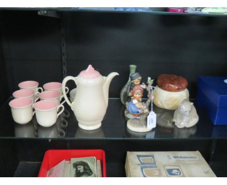 A Newport Pottery coffee set, pair of Hummel figures, boxed pair of Royal Doulton crystal tumblers, etc.