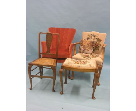 A period-style walnut elbow chair, with floral tapestry seat and back, similar dressing stool, peach-coloured upholstered arm