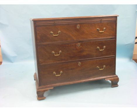 A George III mahogany chest, (modified), brushing slide above three long drawers, oak linings, ogee bracket feet, 3ft. 6in.