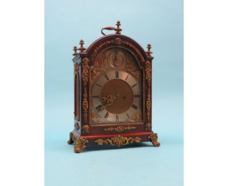 A mid-19th century ormolu-mounted mahogany bracket clock, arched, silvered dial with matted brass dial centre, Strike/Silent 