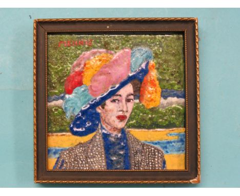 An enamel portrait on copper, inscribed verso Hampstead Pearley Queen, 1969, J. Mennie, 4in. square, novelty biscuit tin in t