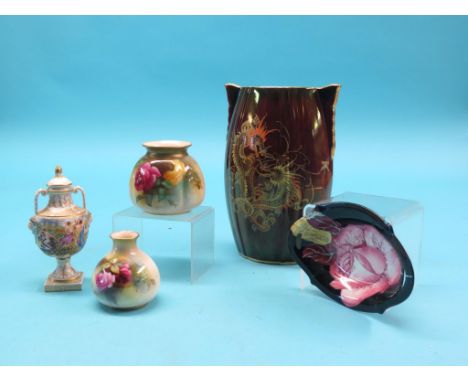 Two Royal Worcester posy vases, painted with roses and leafage, date-codes 1909 and 1913, 3.75in. and 3in., brightly enamelle