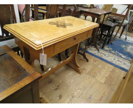 An inlaid, solid light oak side table, rectangular top inlaid with oyster laburnum, single frieze drawer, on similarly inlaid