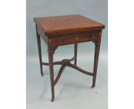 A late Victorian rosewood and marquetry envelope card table, inlaid throughout with birds and leaf-scrolls in boxwood and hol
