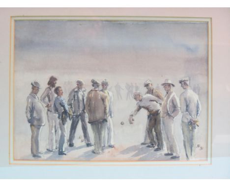 Juliet Pannett - watercolour, gentlemen playing boule, unsigned, and eight other framed pictures