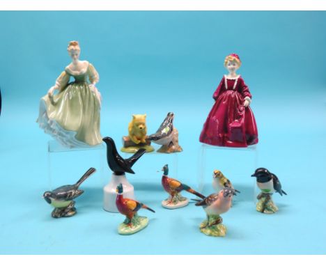 Seven Beswick bird models, Grey Wagtail chipped, two other animal models, Royal Worcester Grandmother's Dress and Royal Doult