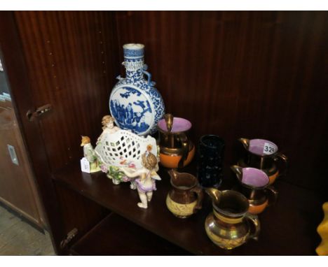 A Beswick Beatrix Potter fox character, Whitefriars blue glass vase, group of Victorian copper lustre jugs, twin-cherub sweet