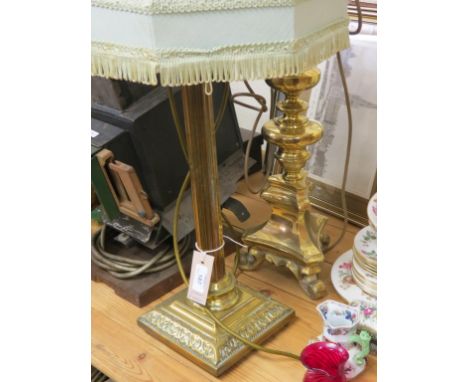 A brass corinthian column table lamp, on square base, and another in Italian period-style, each with shade
