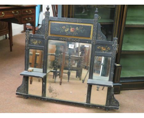 A telescopic brass floor-lamp, on cast iron base, a Victorian-style brass side chair, Victorian painted overmantel, papier ma