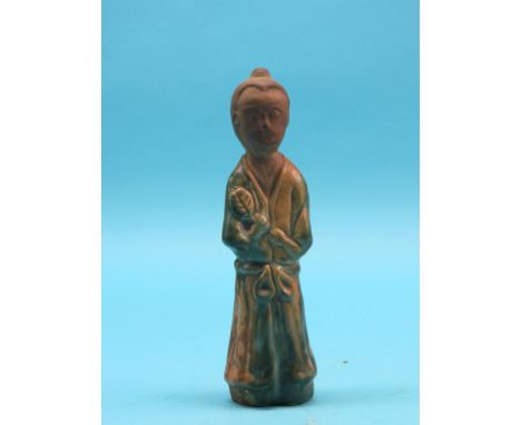A Tang-style ceramic figure, male wearing long robe with Sancai enamels, 10.5in. 