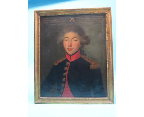 An early 19th century French oil portrait on canvas, half-length Napoleonic Officer, Bourdin family with French script upper 