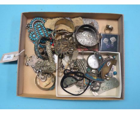 South American jewellery, including white metal filigree bangle, Mexican icon finial, also to include a .800 silver engraved 