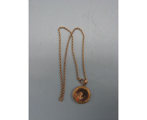 A printed portrait miniature, within yellow metal pendant mount, on 9ct. gold rope-twist neck chain, chain 11.3 grams
