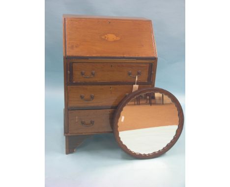 An Edwardian inlaid mahogany lady's bureau, light oak fitted interior above three long drawers, 2ft. 1in., and a George V cir
